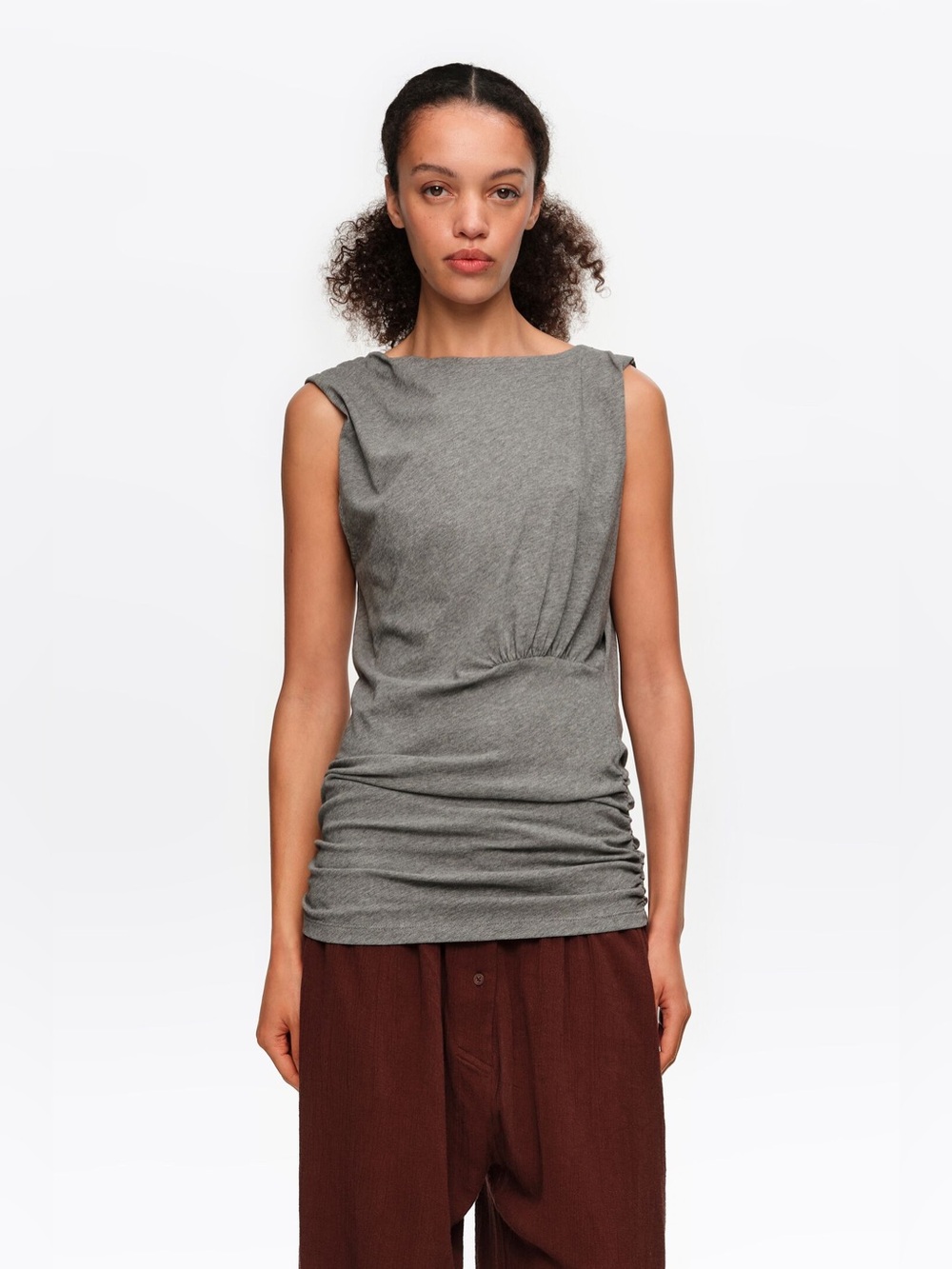 Bimba y Lola GRAY MELANGE FITTED ELASTICATED TOP WITH DROPPED BACK